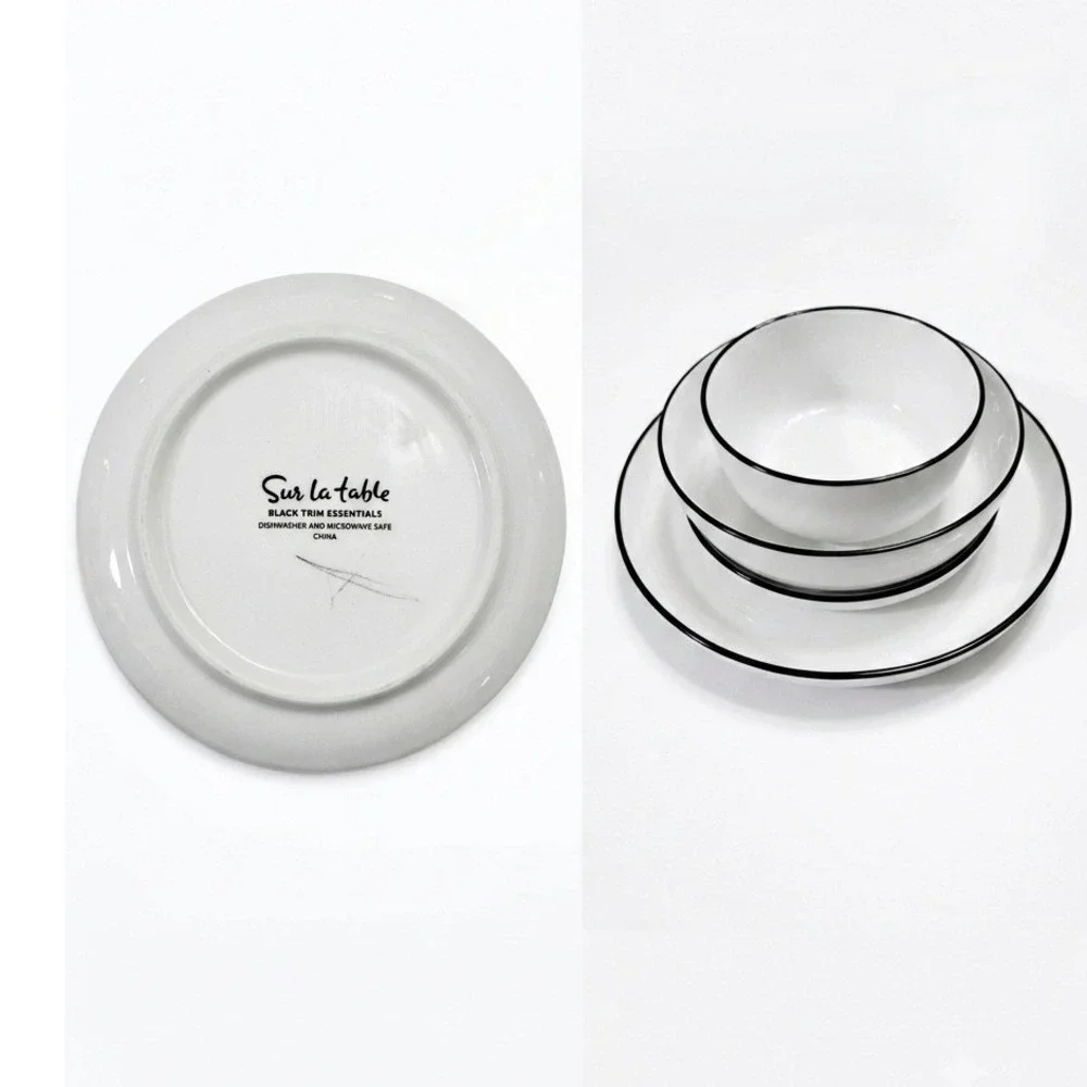 Sur La Table White Porcelain Dinnerware Set Black Rim 4 Piece Place Setting